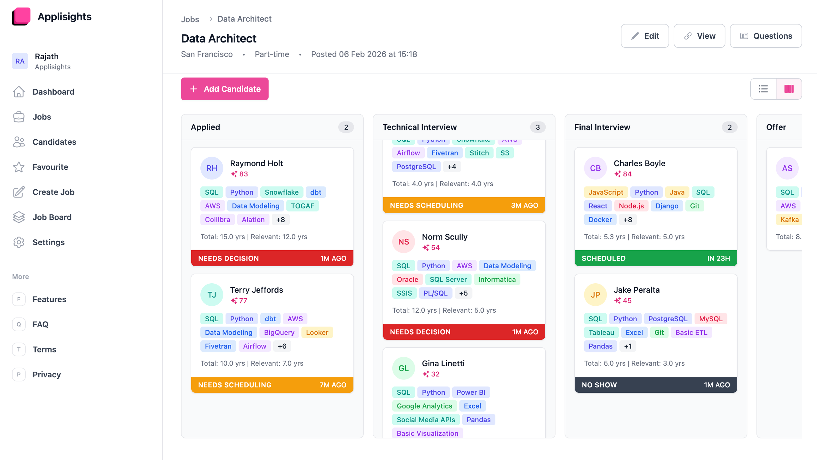 Applisights candidate pipeline board, with applicants grouped by hiring stage and scored by AI